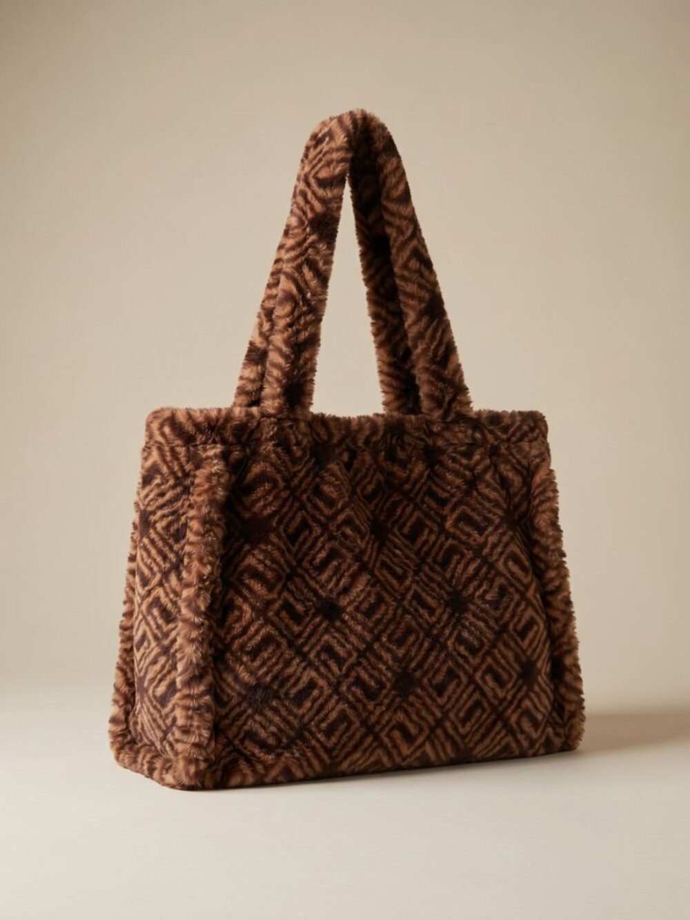 ASOS NWOT Faux Fur Tote Bag Brown Geometric Textured Plush Shoulder Tote Bag